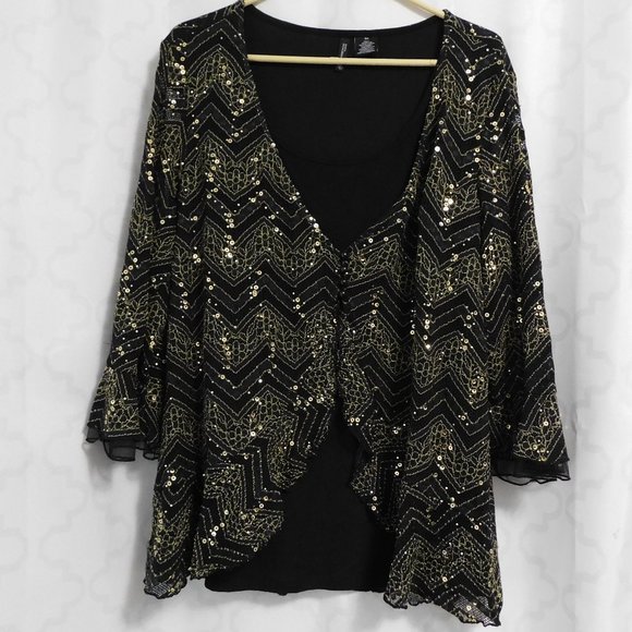 new directions Tops - New Direction Black Lacy Layered Scoop Neck Top with Gold Sequins - 3X